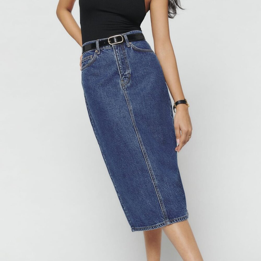 Reformation Jayde High Rise Denim Midi Skirt